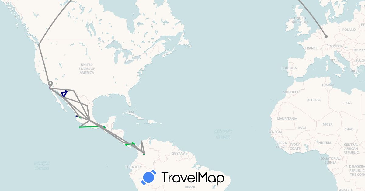 TravelMap itinerary: driving, bus, plane, train, boat in Colombia, Costa Rica, Germany, Mexico, Panama, United States (Europe, North America, South America)